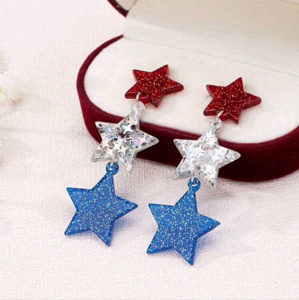 Star Shaped Dangle Earrings in Red, Silver, and Blue